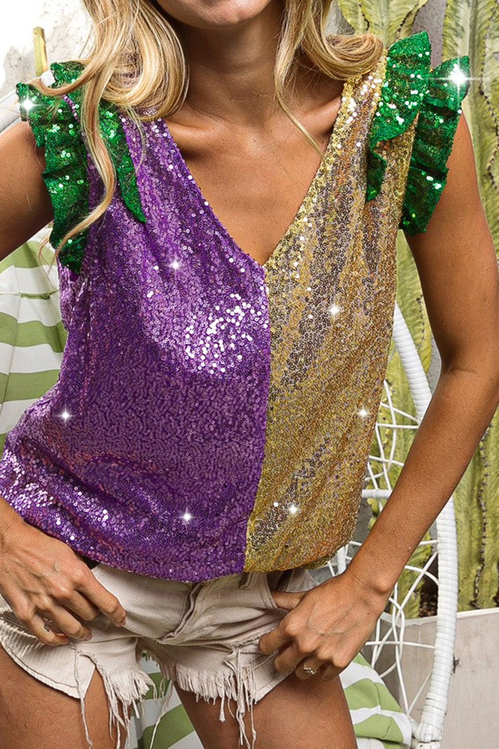 Sequin Color Block V-Neck Cap Sleeve Blouse