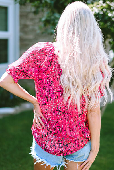Printed Notched Short Sleeve Blouse