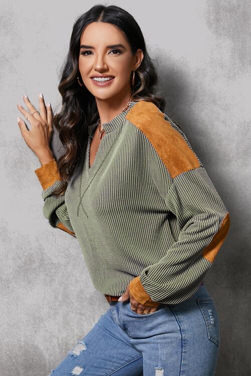 Striped Notched Long Sleeve Blouse