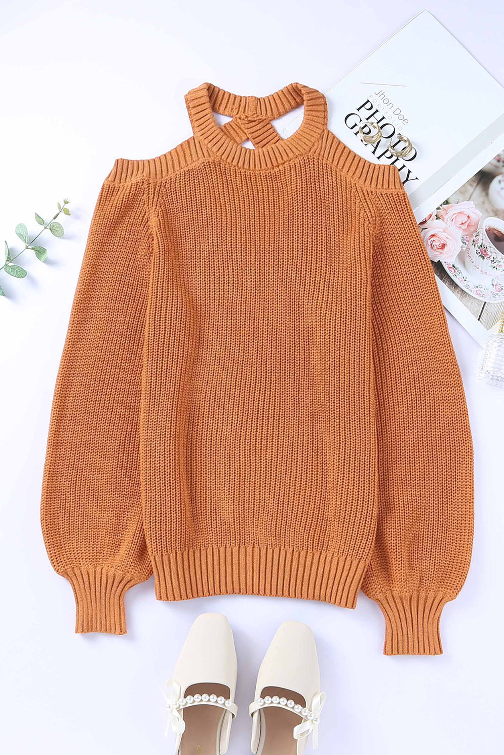 Cutout Back Cold Shoulder Long Sleeve Sweater