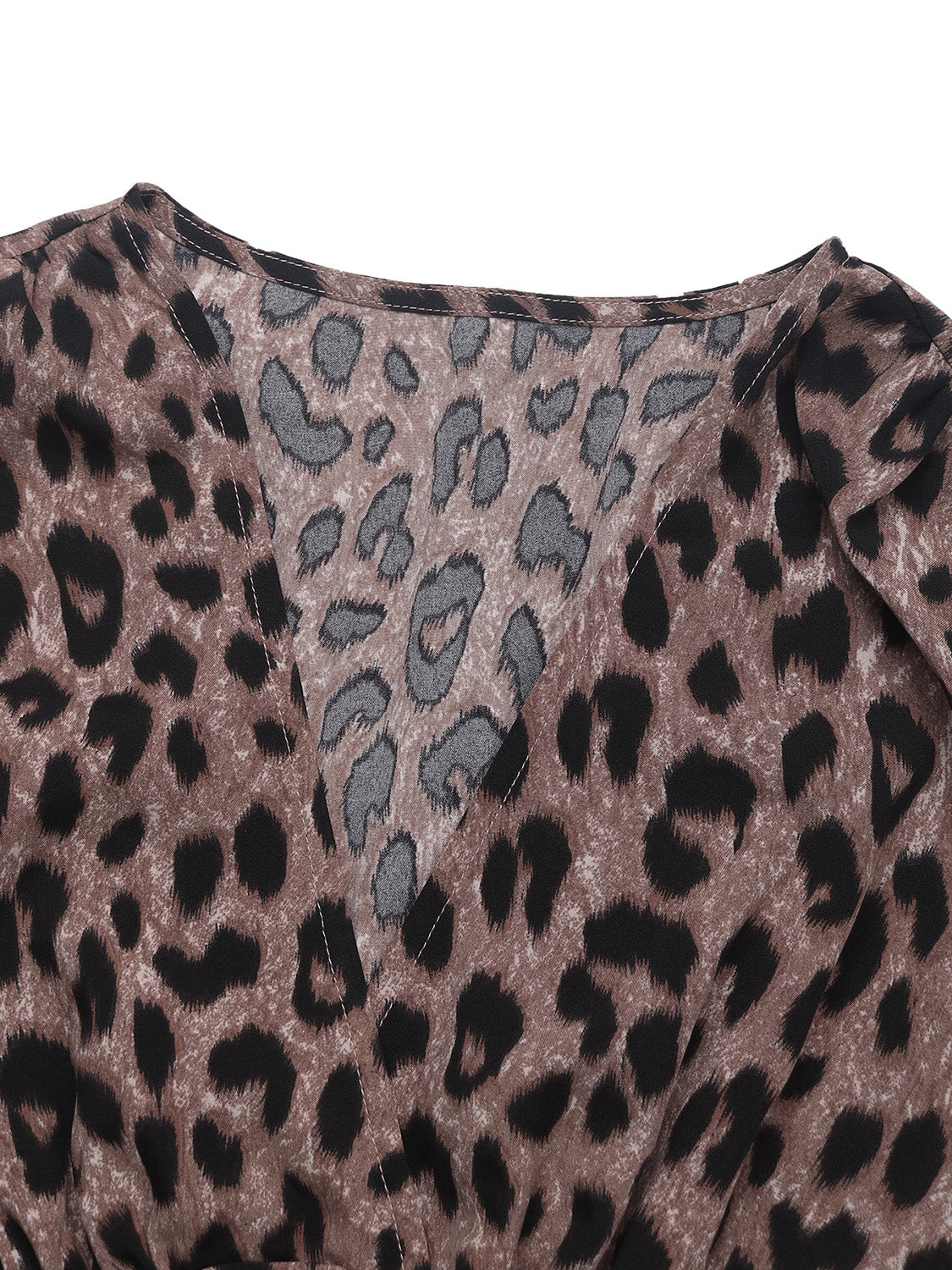 Perfee Leopard Surplice Long Sleeve Midi Dress