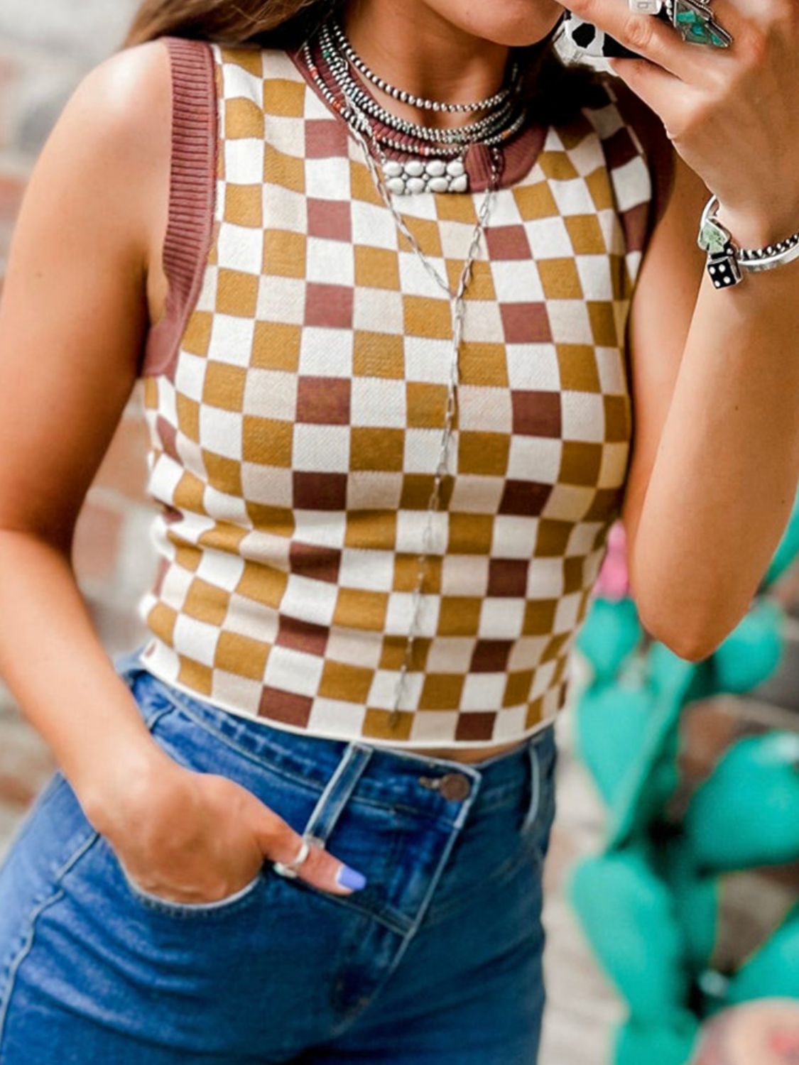 Checkered Round Neck Sweater Vest