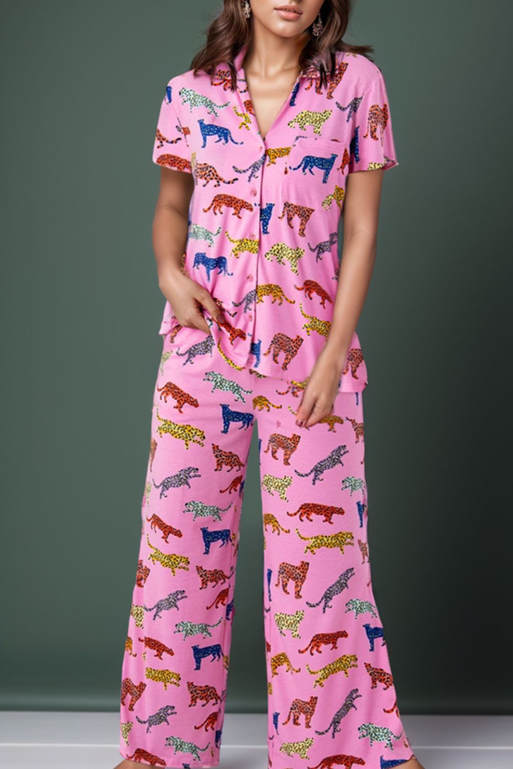 Animal Button Up Top and Pants Lounge Set