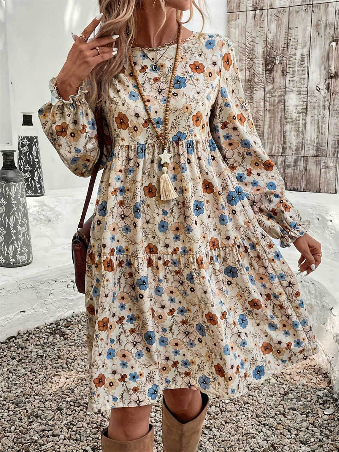 Ruffled Printed Round Neck Long Sleeve Dress