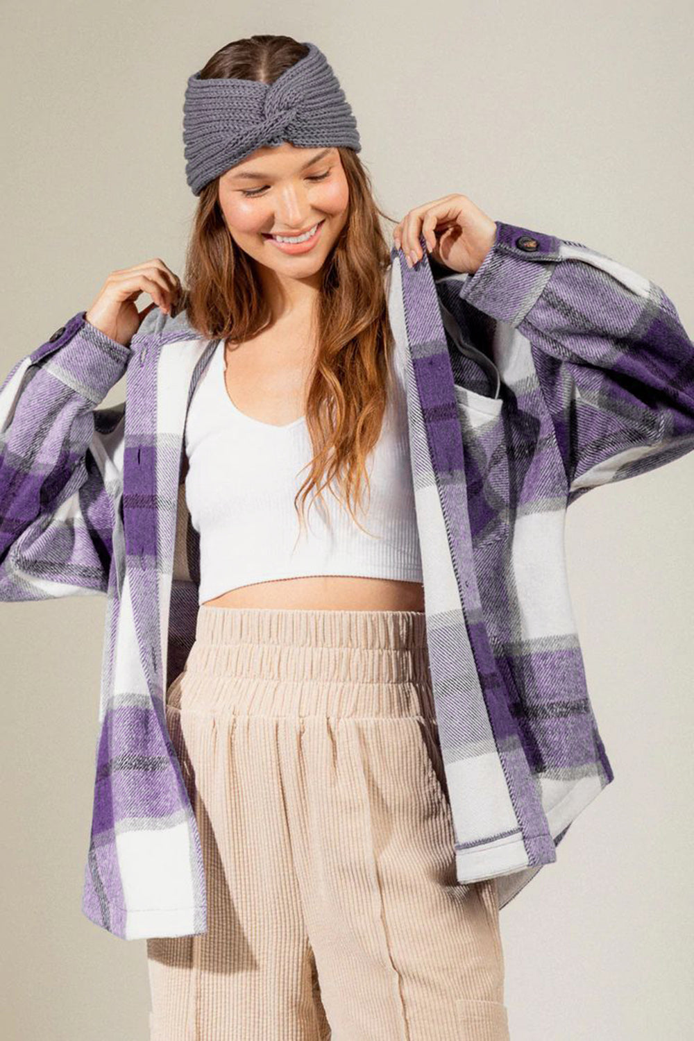 Drawstring Plaid Dropped Shoulder Hooded Shacket