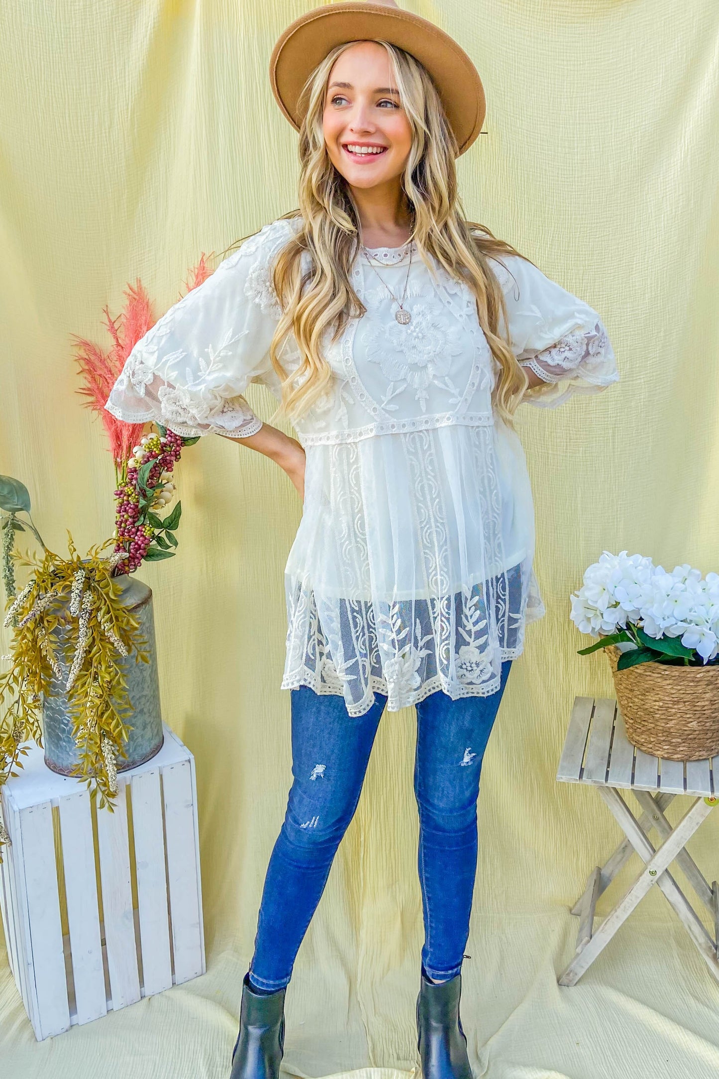 And The Why Floral Embroidered Mesh Tunic Top