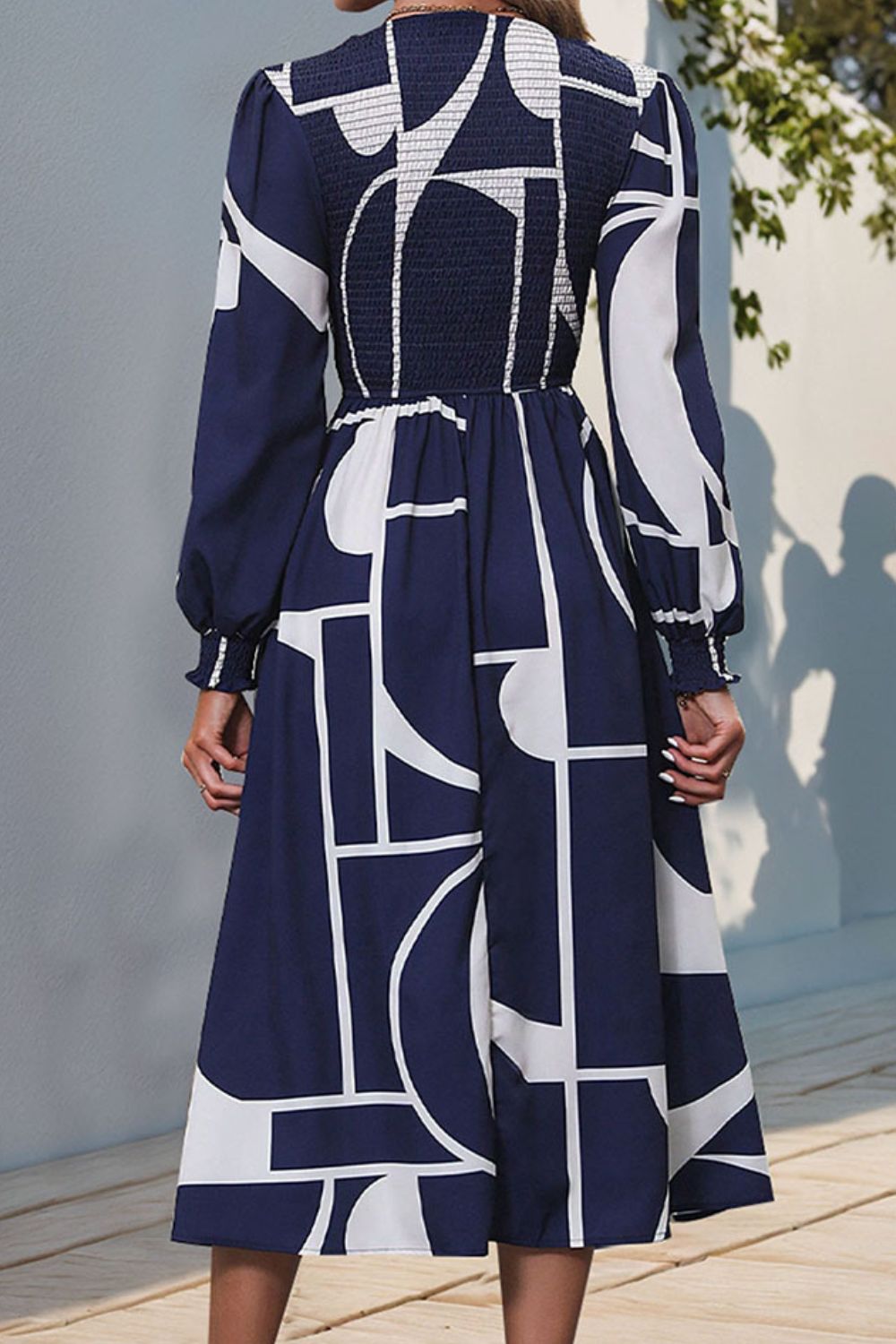 Smocked Color Block Long Sleeve Midi Dress