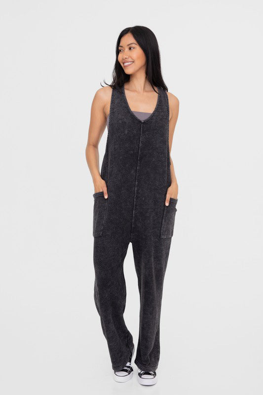 Mono B Mineral-Washed V Neck Overalls with Pockets