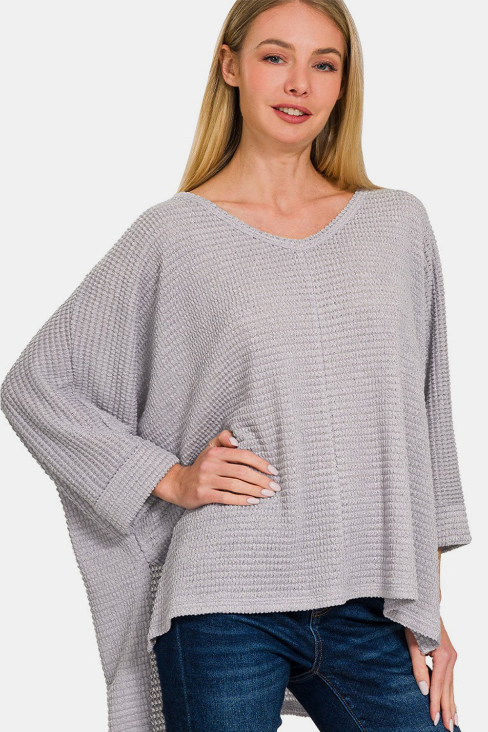 Zenana Waffle Knit V-Neck Long Sleeve Slit Top