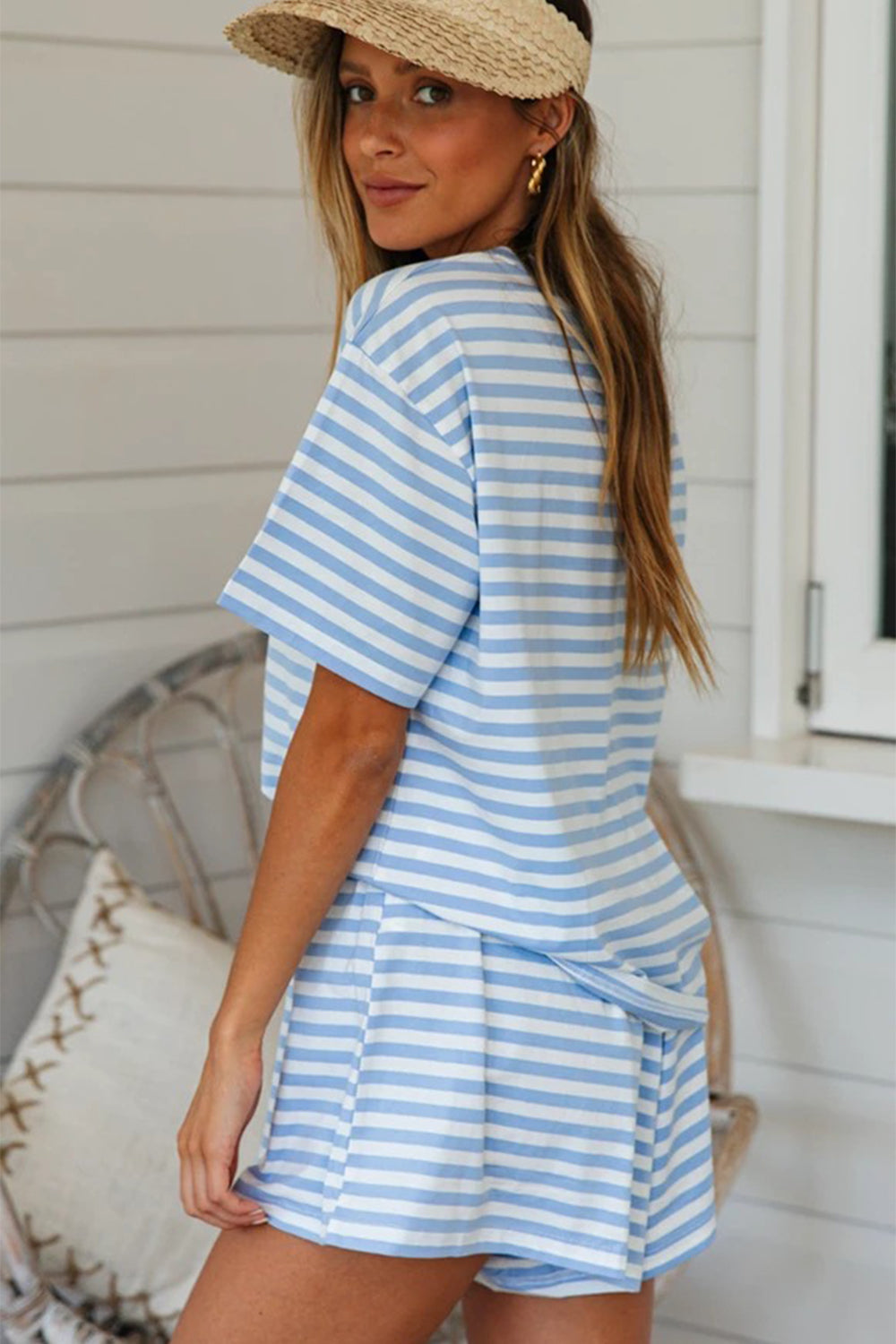 Striped Round Neck Top and Shorts Set