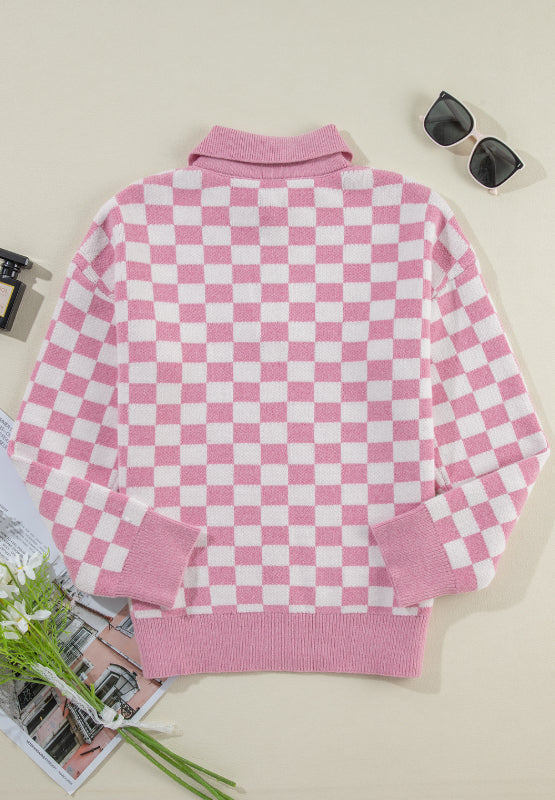 Checkered Collared Neck Long Sleeve Sweater