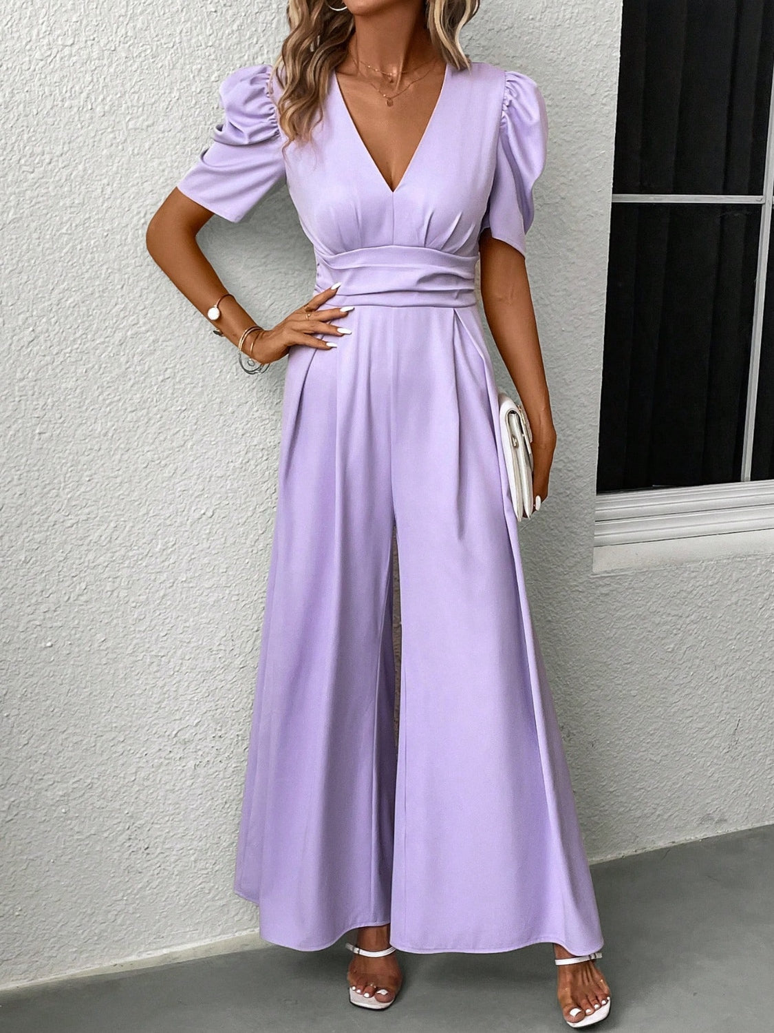 V-Neck Short Sleeve Wide Leg Jumpsuit