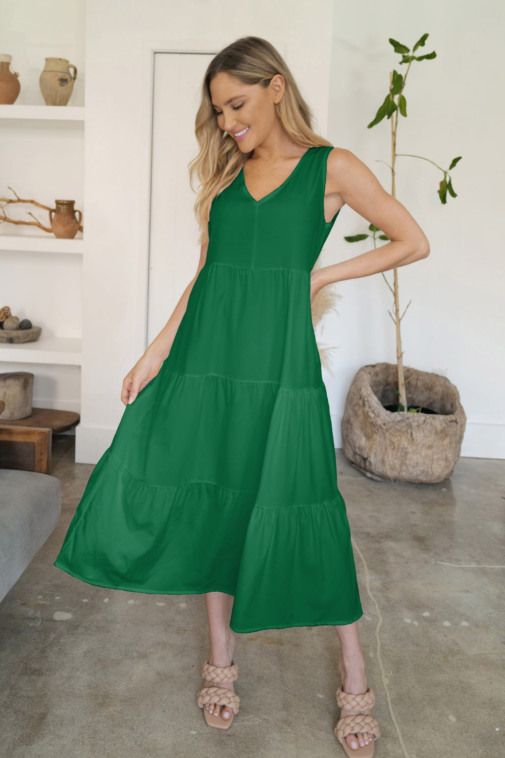 V-Neck Sleeveless Midi Tiered Dress