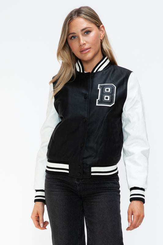 Love Me Now PU Leather Contrast Snap Down Bomber Jacket