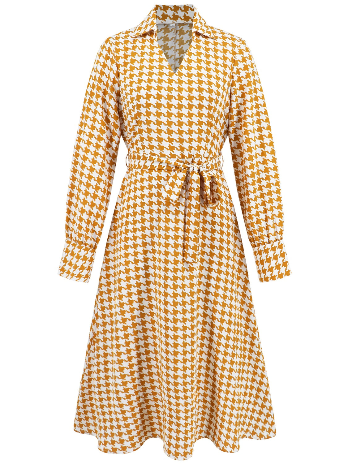 Tied Houndstooth Long Sleeve Midi Dress