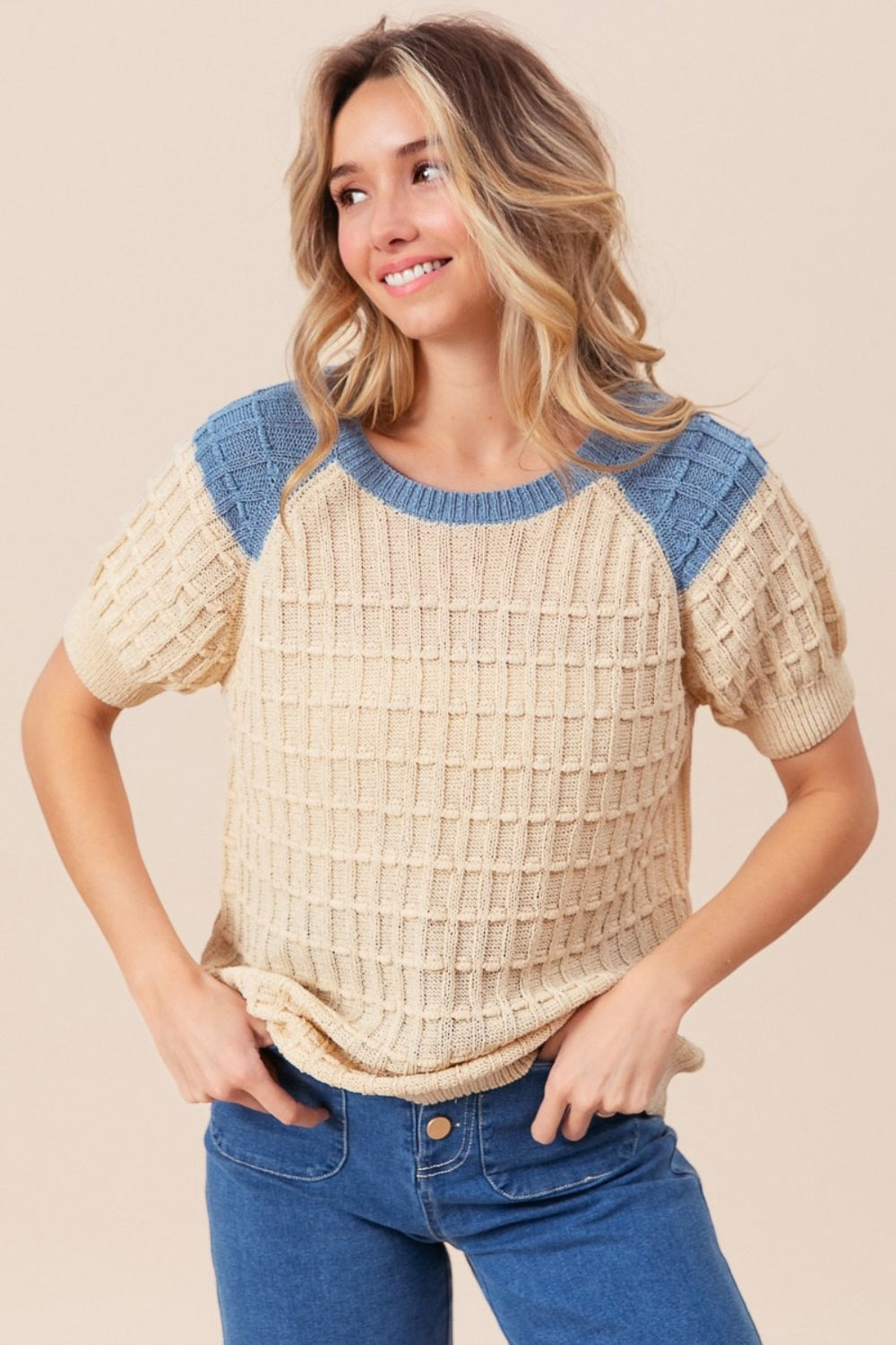 BiBi Textured Contrast Short Sleeve Sweater