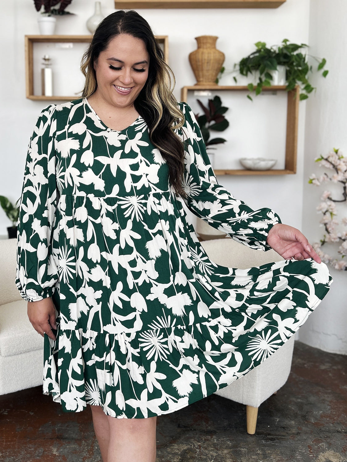 Double Take Full Size Printed Ruffle Hem Long Sleeve Dress