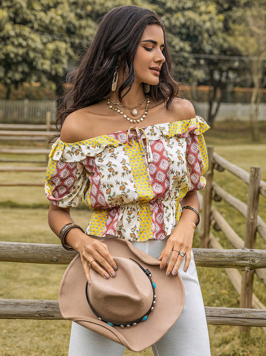 Ruffled Printed Off-Shoulder Short Sleeve Blouse