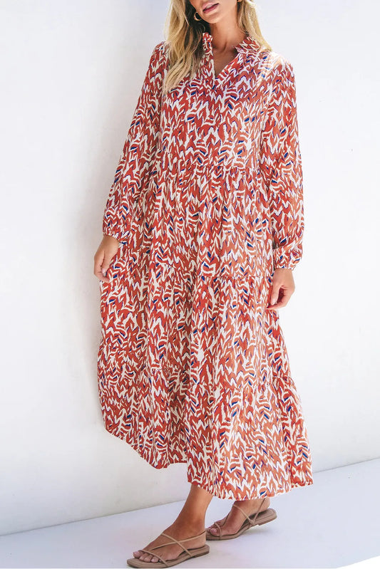 Printed Notched Long Sleeve Dress