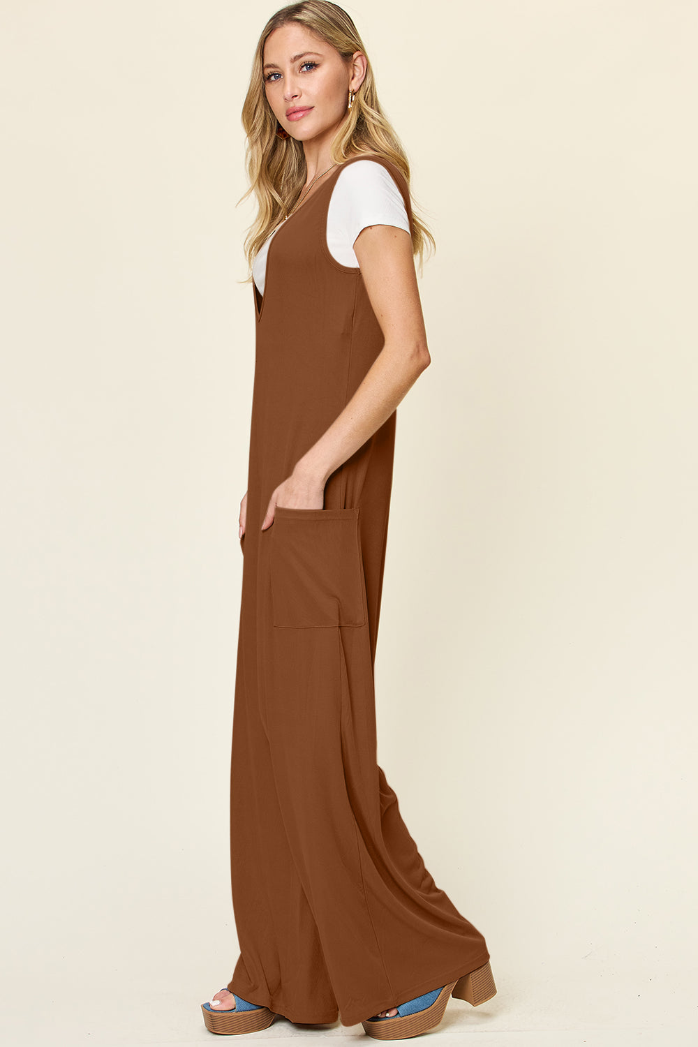 Double Take Full Size Sleeveless Wide Leg Jumpsuit with Pockets