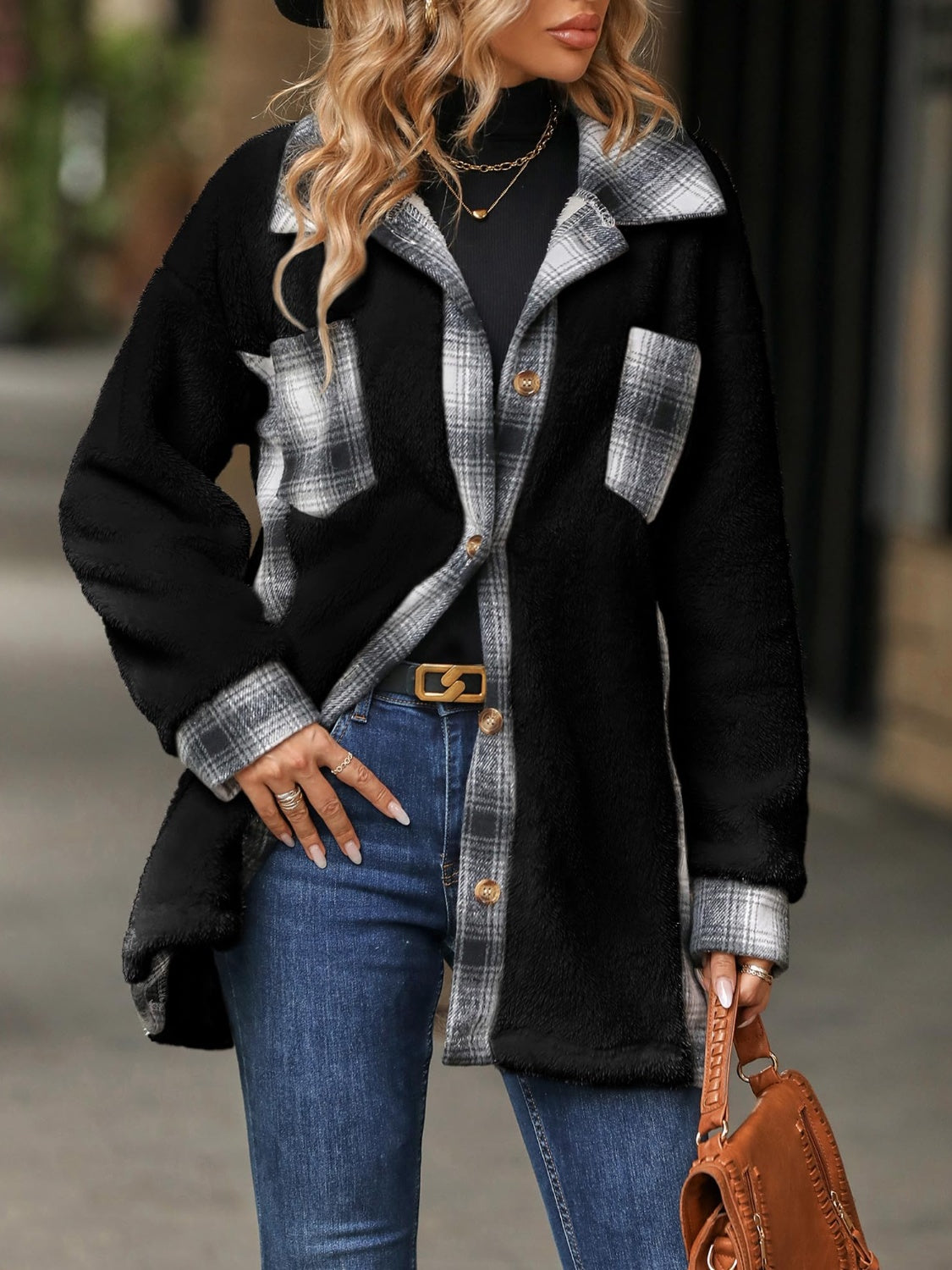 Plaid Button Up Long Sleeve Fuzzy Outerwear