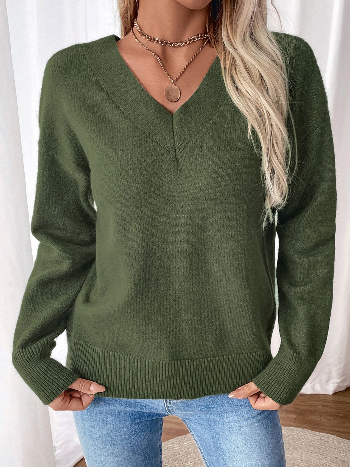 Perfee Twisted V-Neck Long Sleeve Sweatshirt