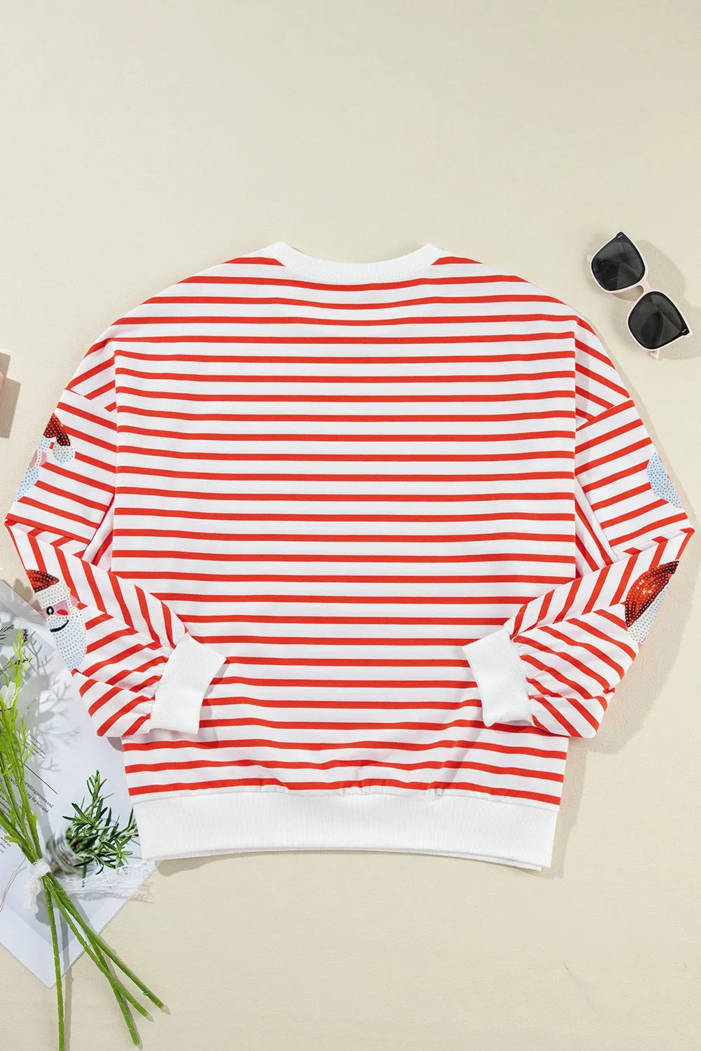 Sequin Santa Striped Round Neck Long Sleeve Sweatshirt