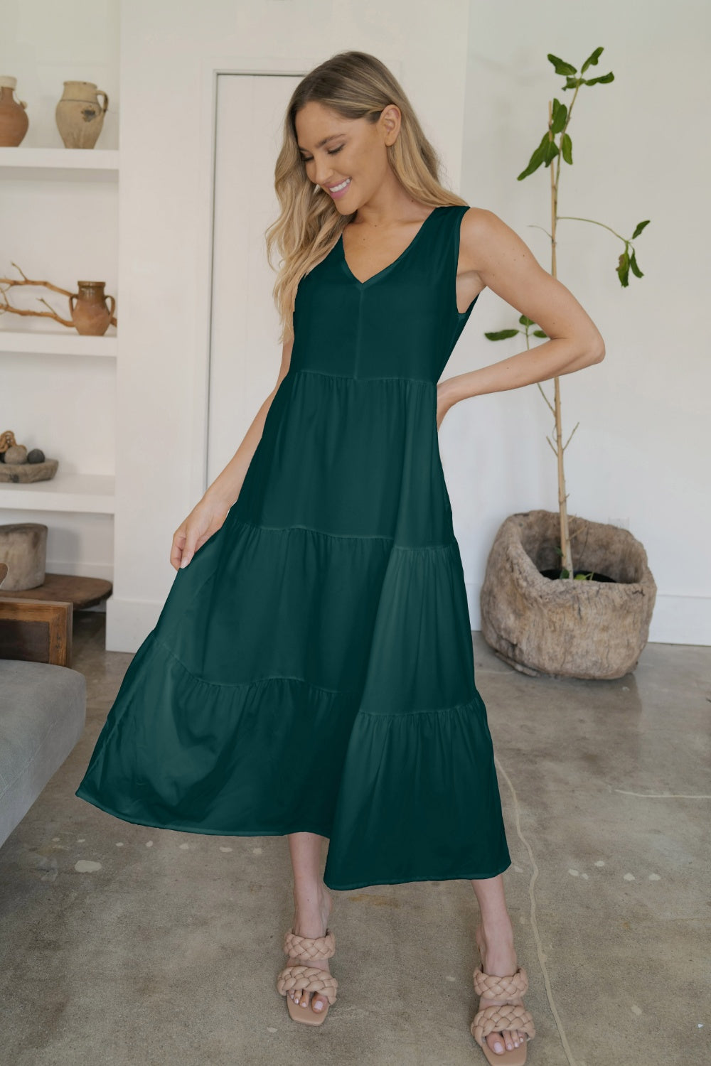 V-Neck Sleeveless Midi Tiered Dress