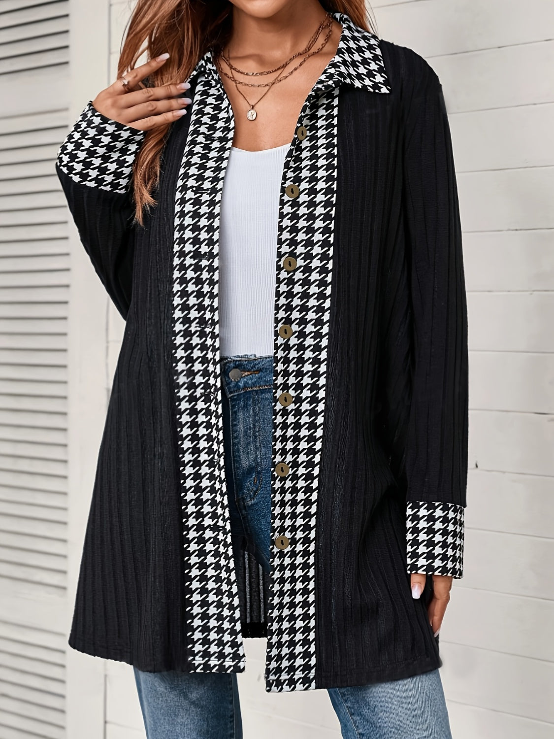 Houndstooth Button Up Long Sleeve Cardigan