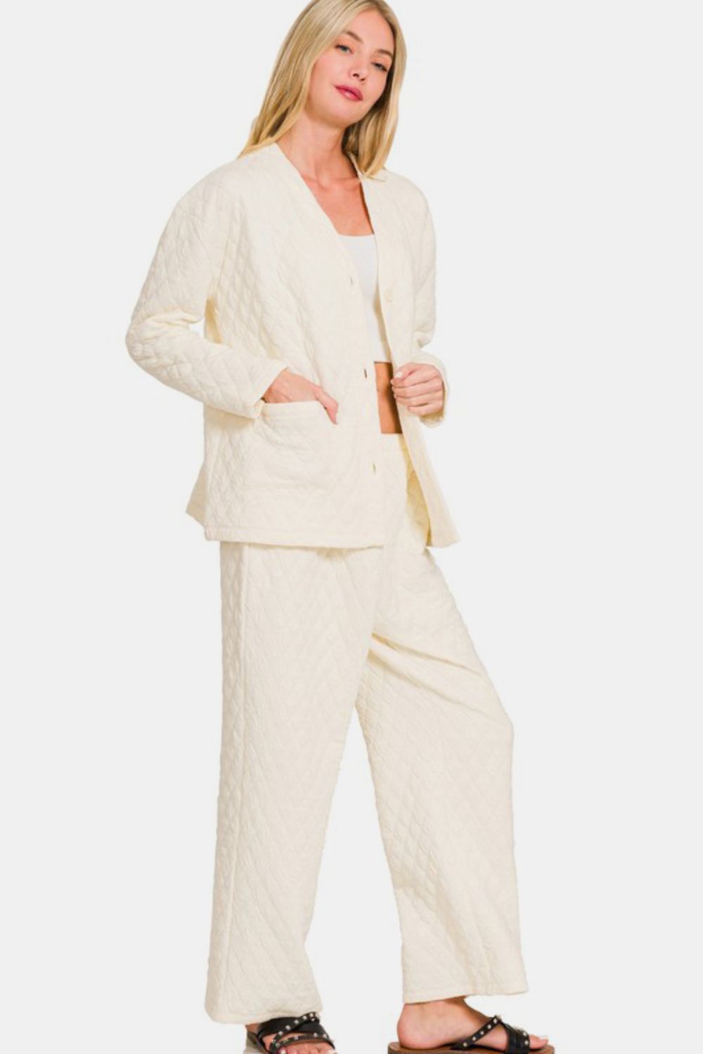 Zenana Quilted Button Up Long Sleeve Top and Pants Lounge Set