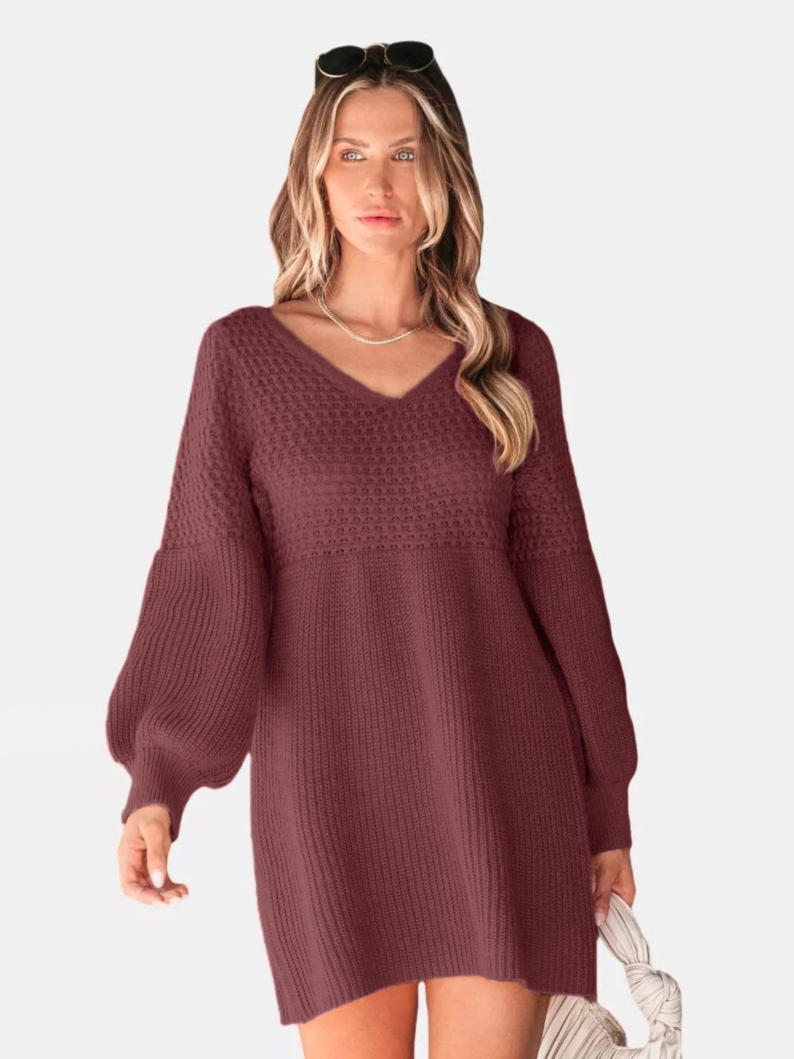 Perfee V-Neck Long Sleeve Sweater Dress