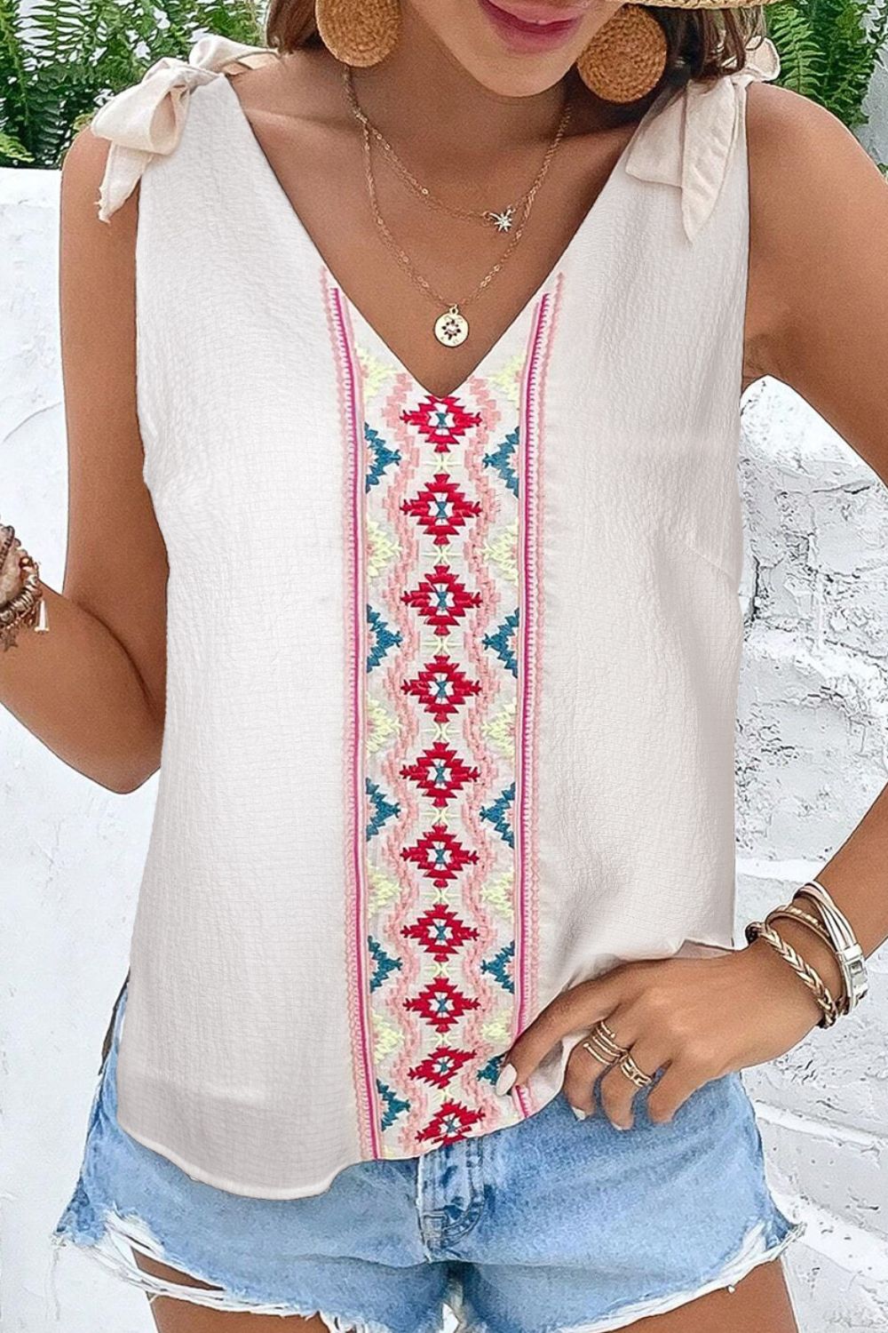 Printed V-Neck Tie Shoulder Tank