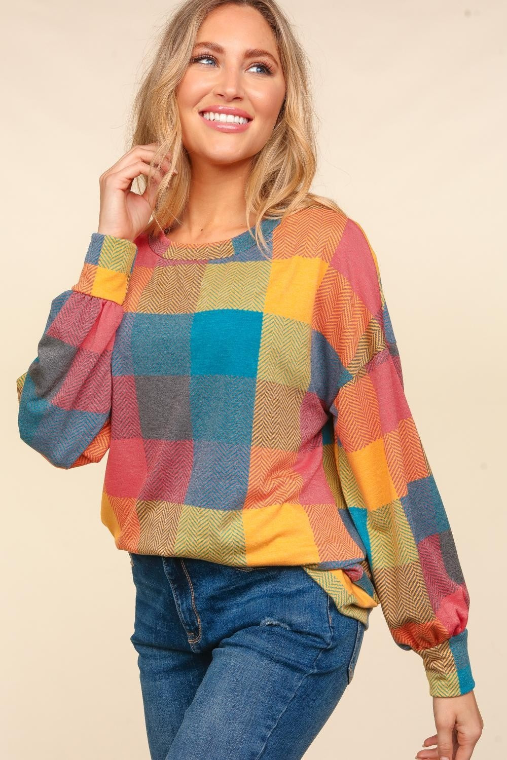 Haptics Contrast Plaid Round Neck Sweater