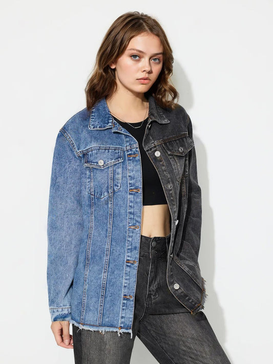 Raw Hem Contrast Collared Neck Denim Top