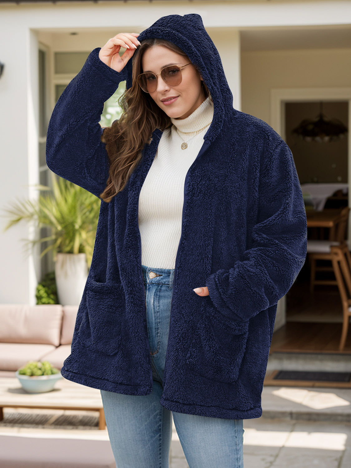 Plus Size Zip Up Long Sleeve Hooded Outerwear