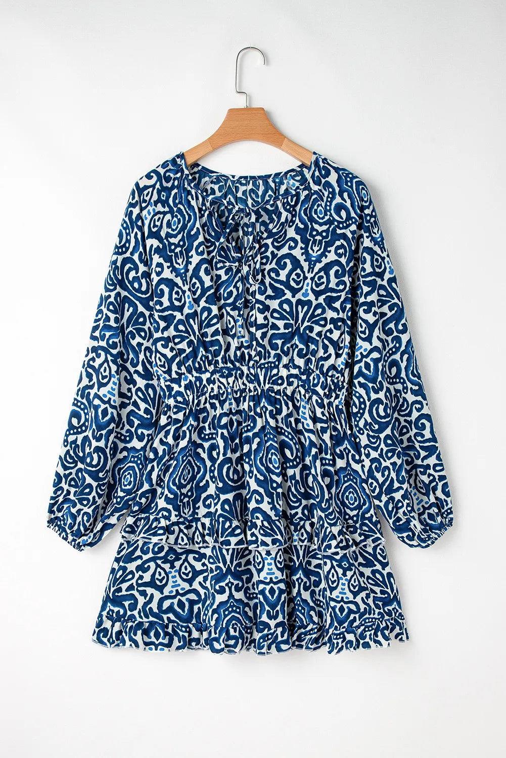 Printed Tie Neck Long Sleeve Dress