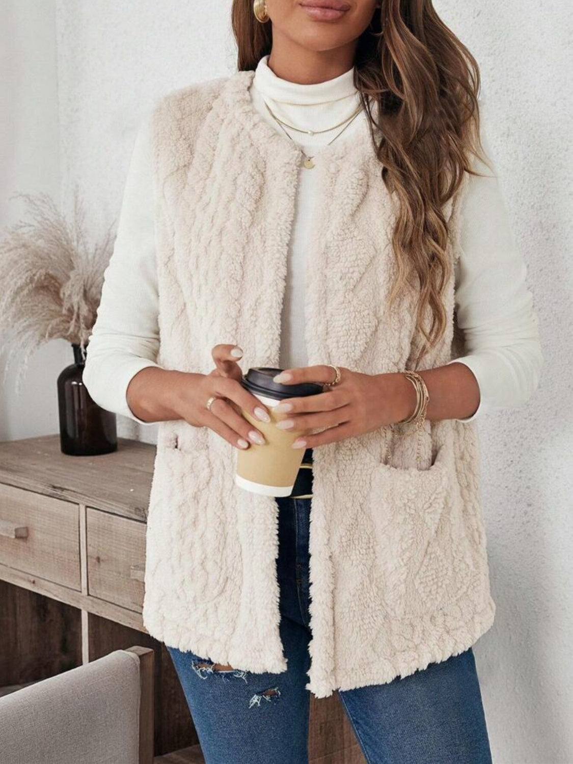 Fuzzy Open Front Vest with Pockets