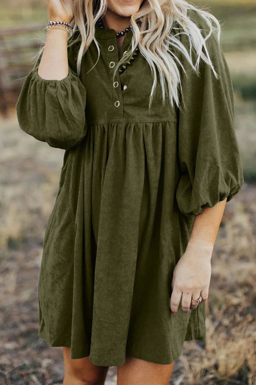 Quarter Snap Three-Quarter Sleeve Dress with Pockets