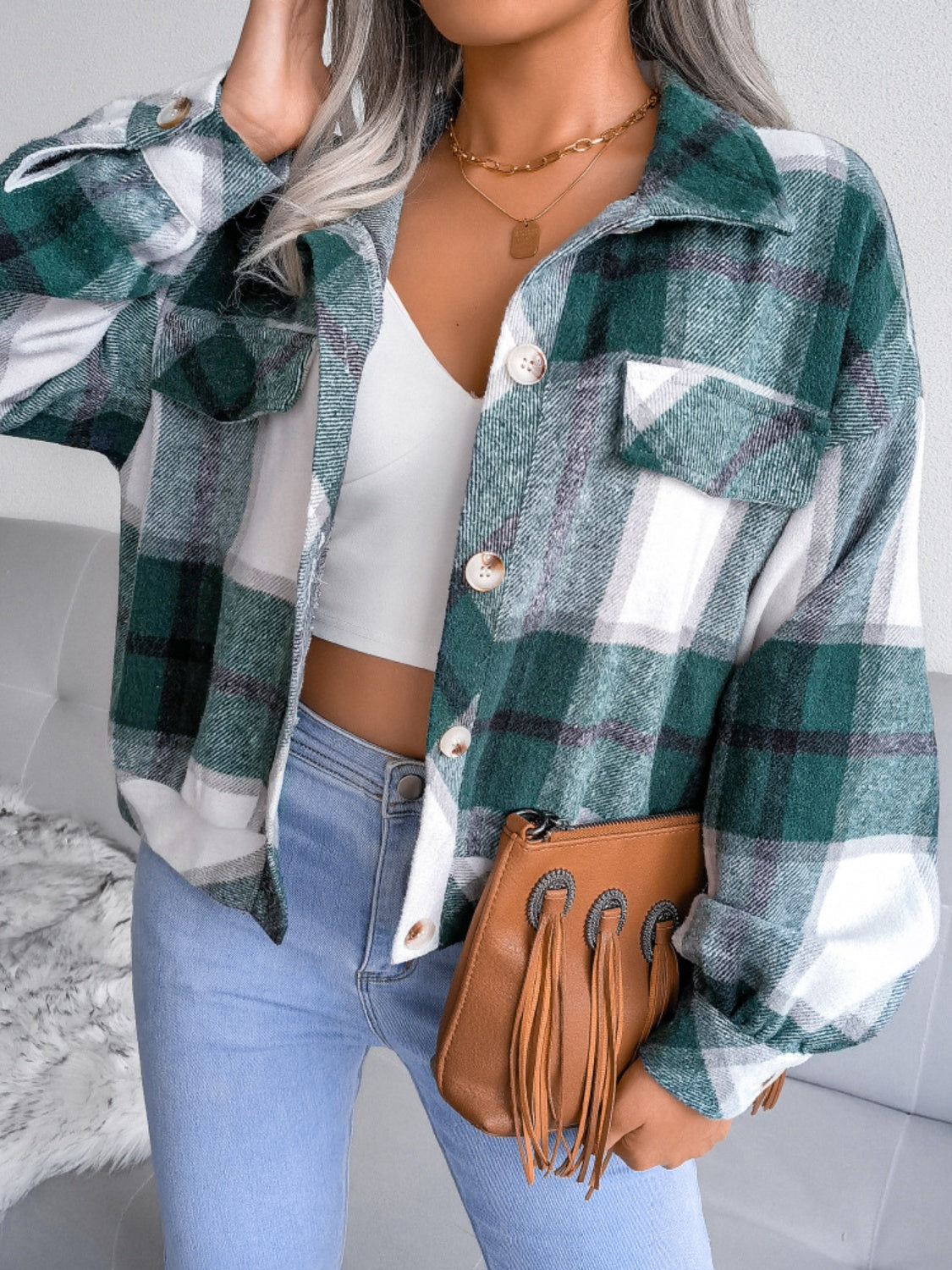 Plaid Collared Neck Long Sleeve Jacket