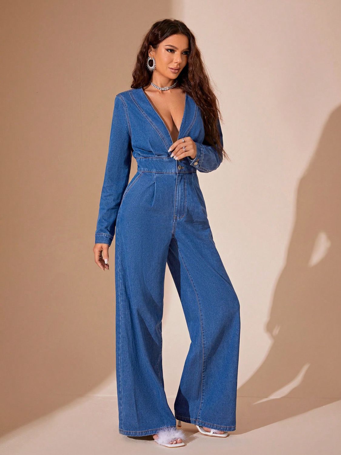 Plunge Long Sleeve Wide Leg Denim Jumpsuit