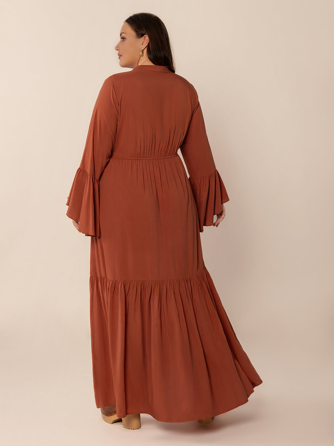 Plus Size Ruffled Notched Long Sleeve Midi Dress