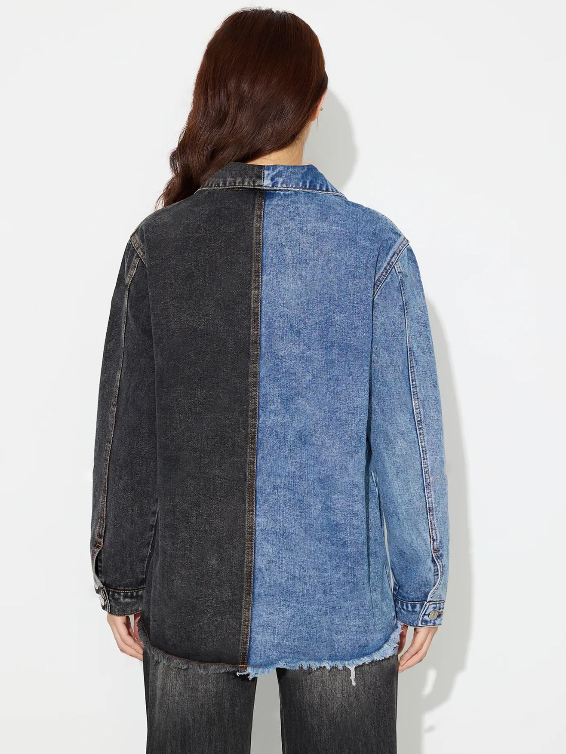 Raw Hem Contrast Collared Neck Denim Top