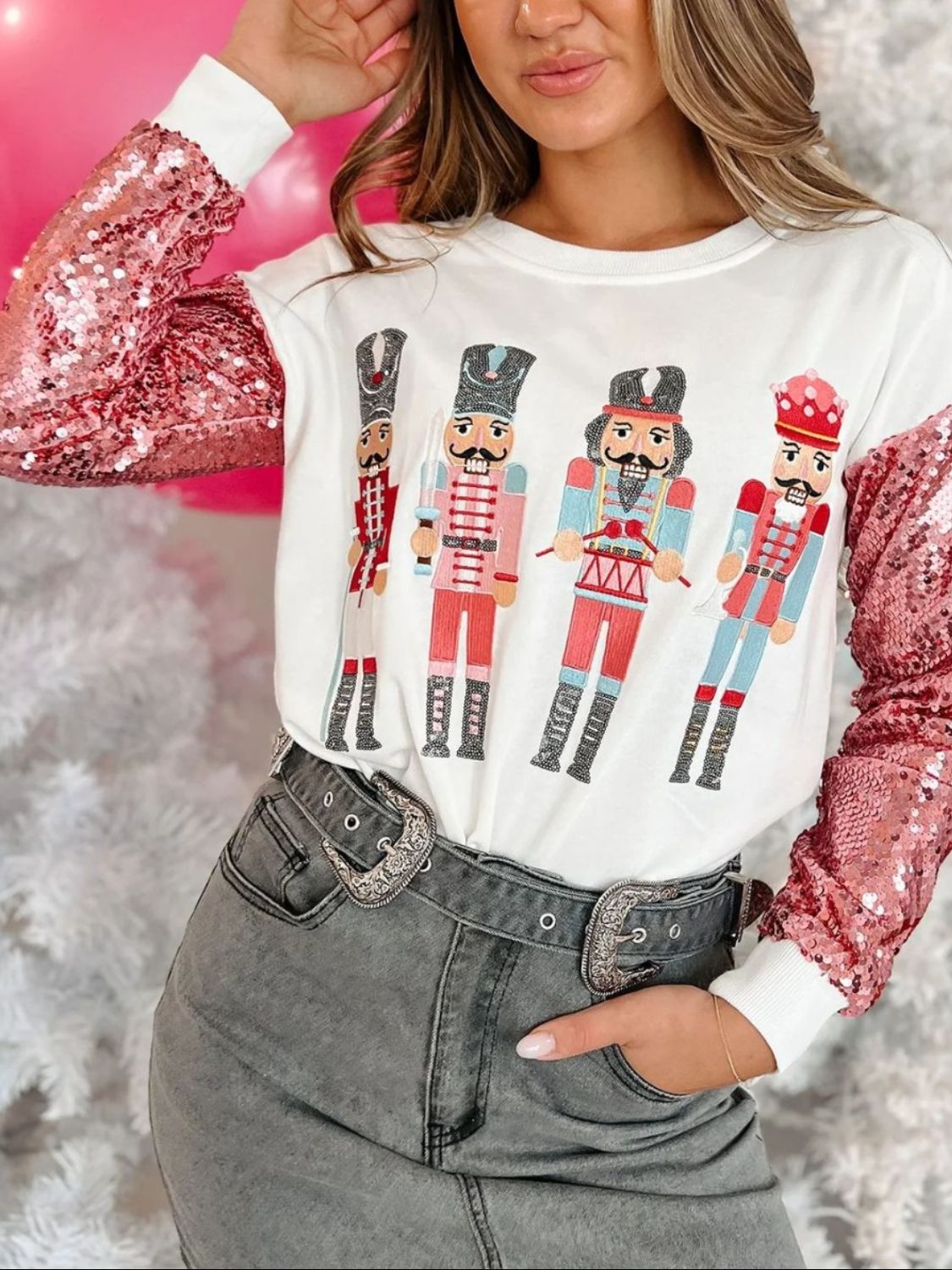 Sequin Nutcracker Round Neck Long Sleeve Sweatshirt