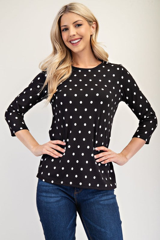 Celeste Full Size Polka Dot Round Neck Three-Quarter Sleeve T-Shirt