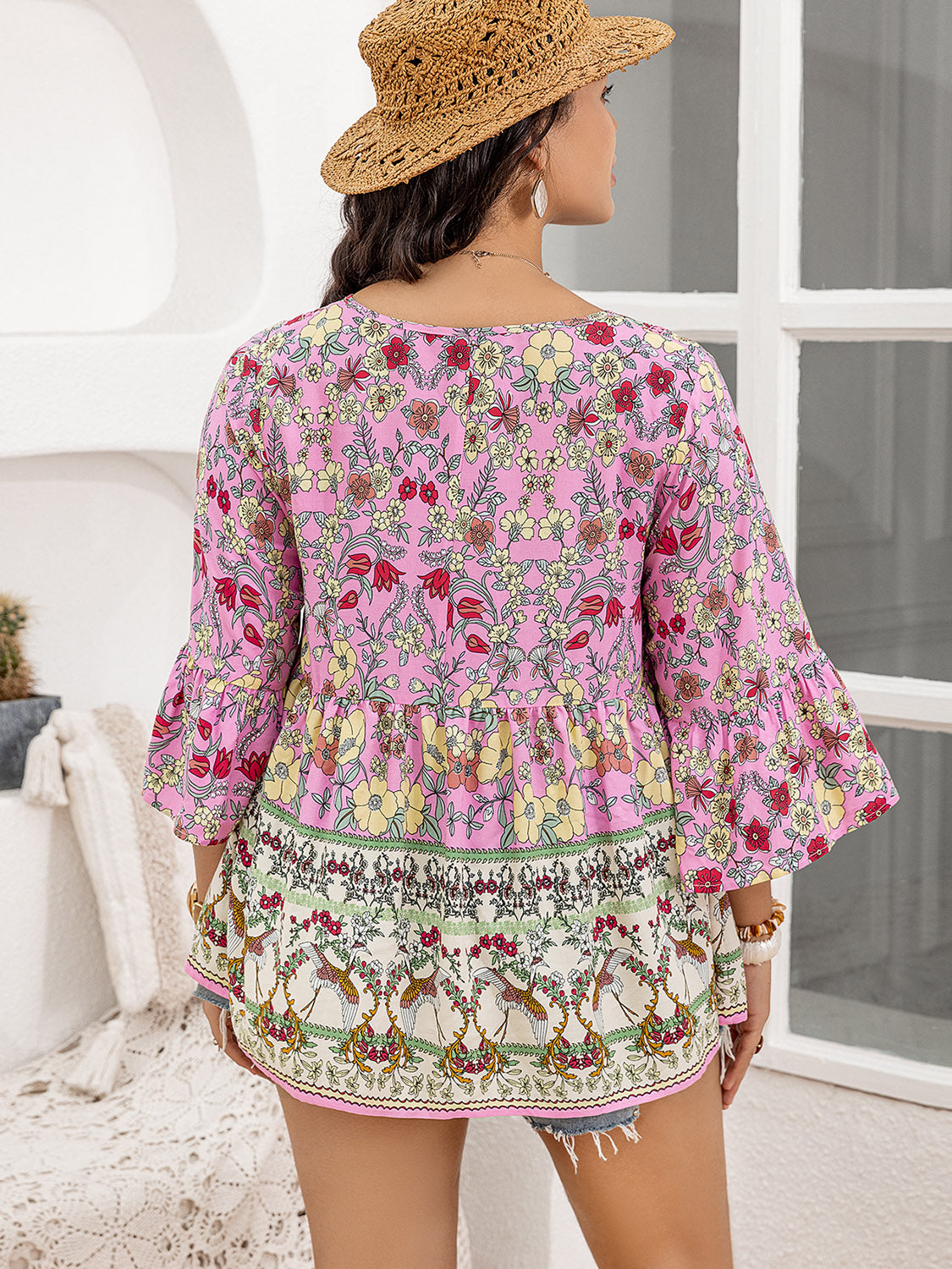 Plus Size Ruched Printed Tie Neck Three-Quarter Sleeve Blouse