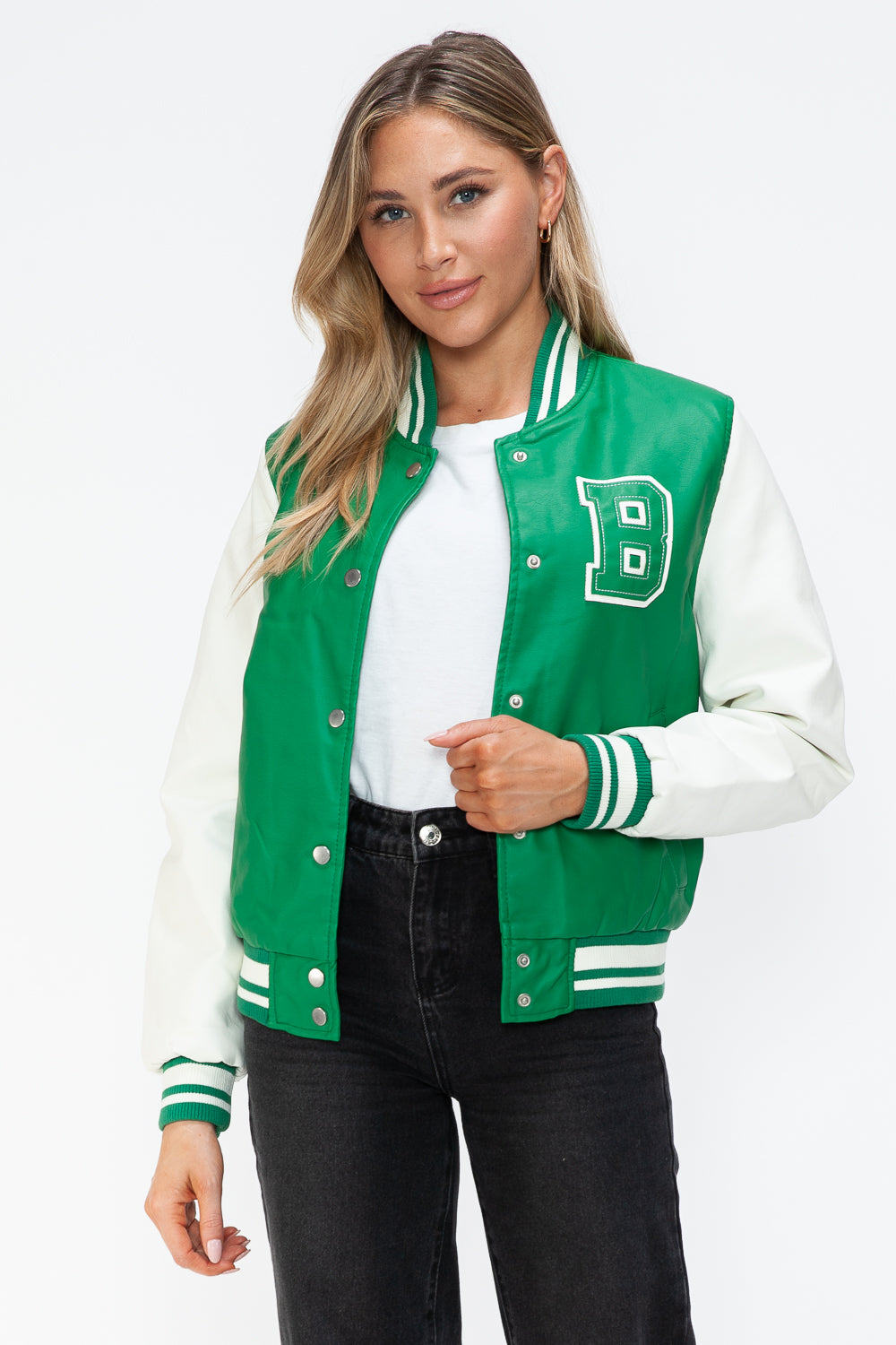 Love Me Now PU Leather Contrast Snap Down Bomber Jacket