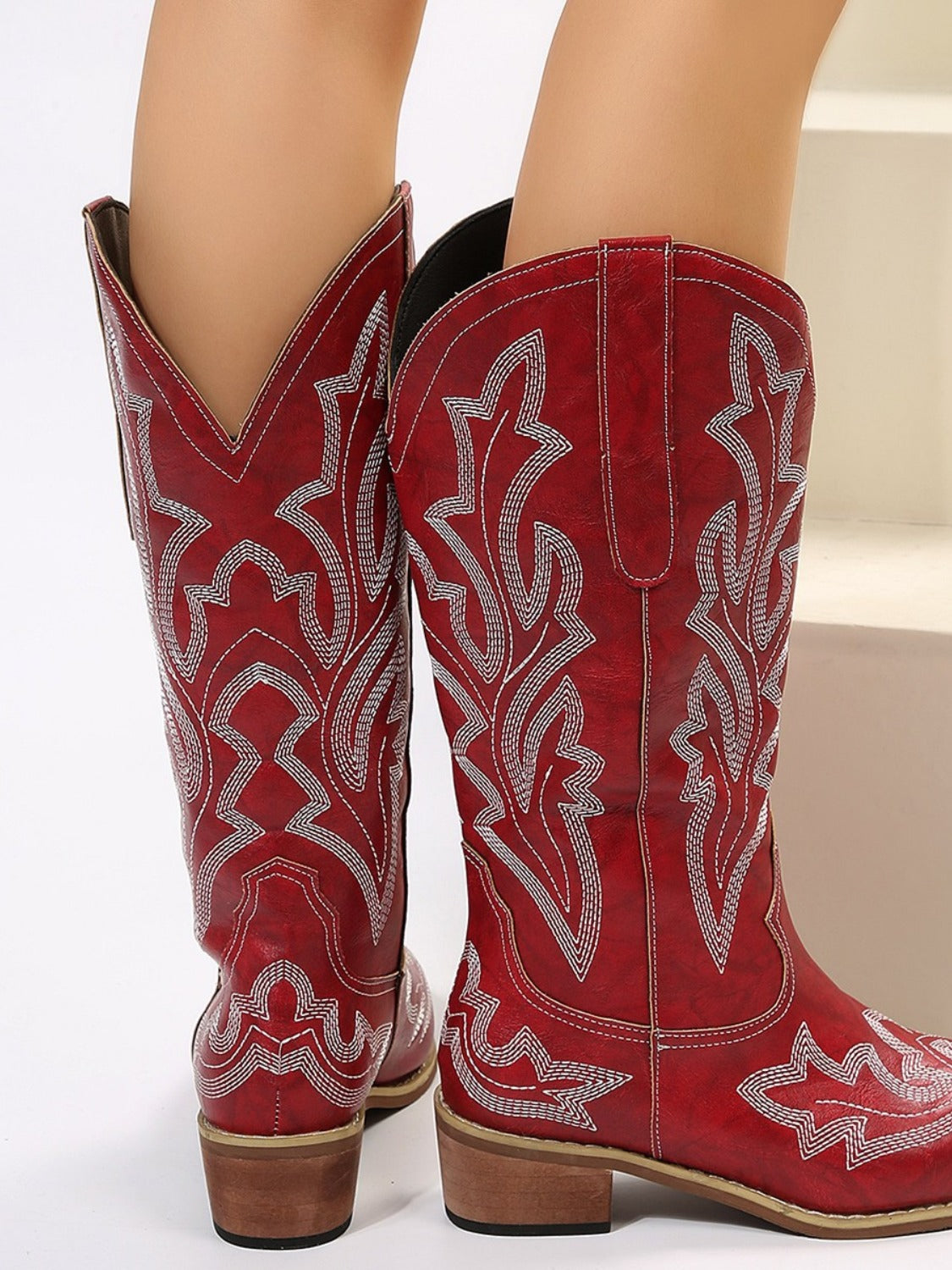 PU Leather Embroidered Geometric Point Toe Boots