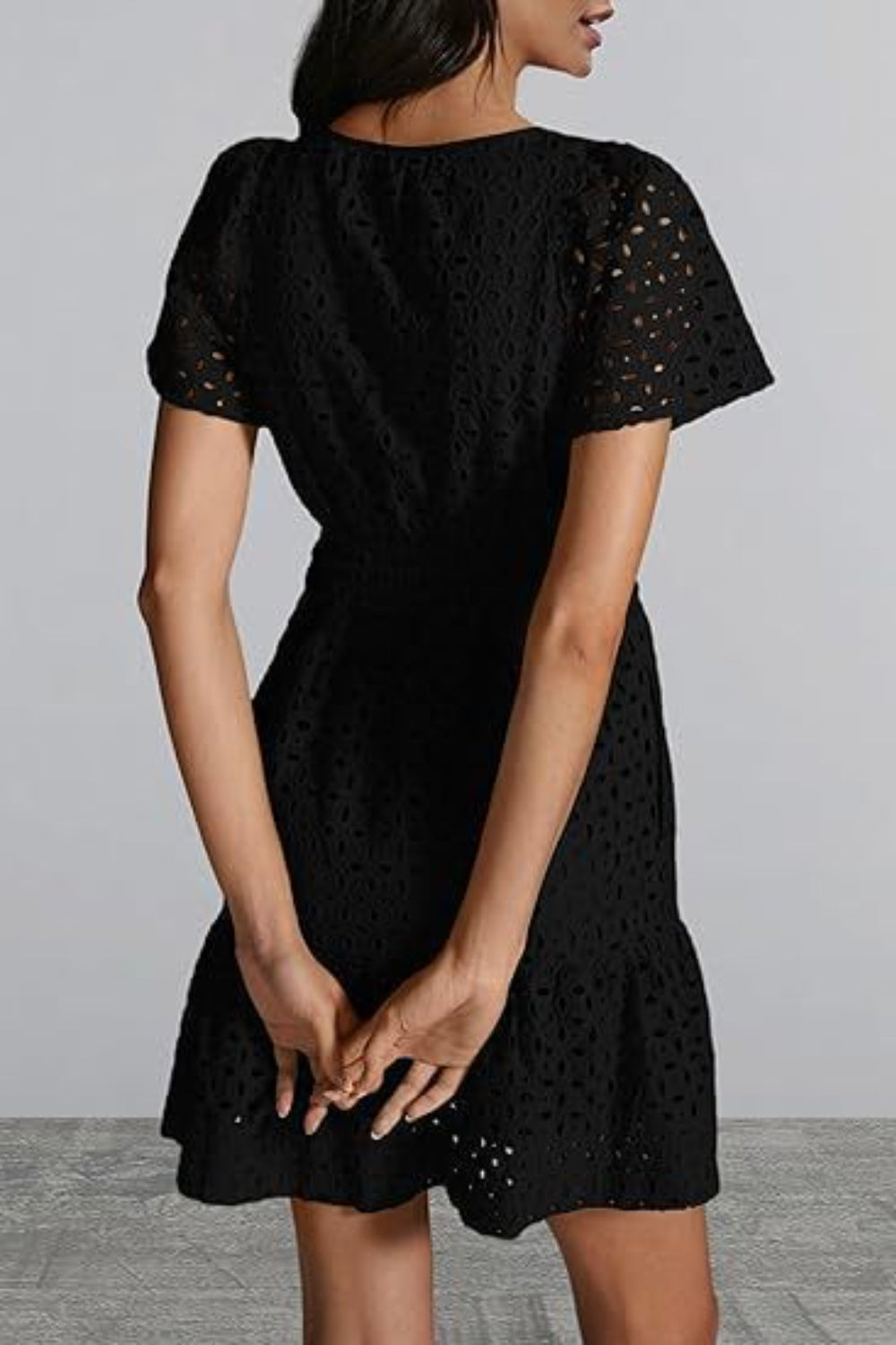 Eyelet Notched Short Sleeve Mini Dress