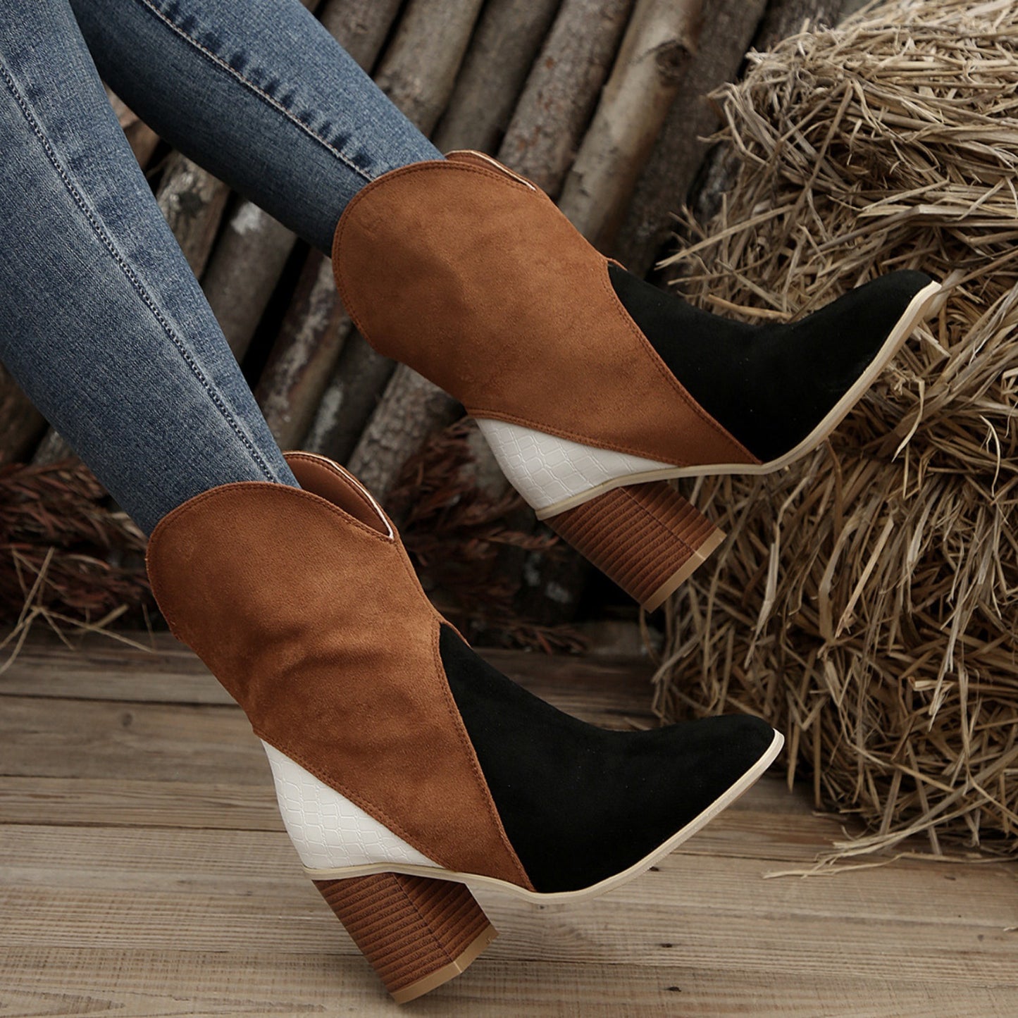 Suede Square Toe Block Heel Boots