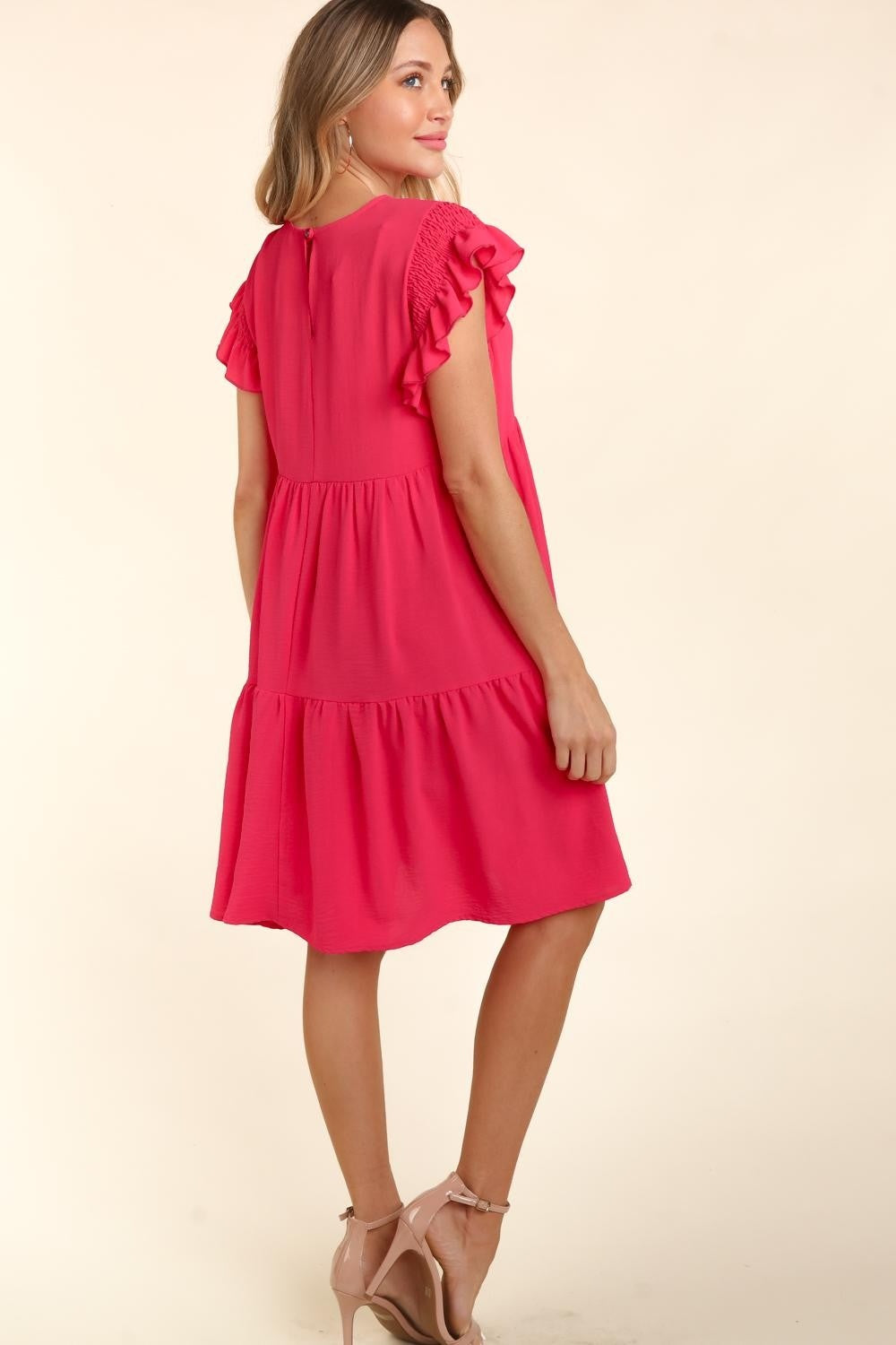 Haptics Full Size Smocking Ruffle Short Sleeve Dress with Pockets